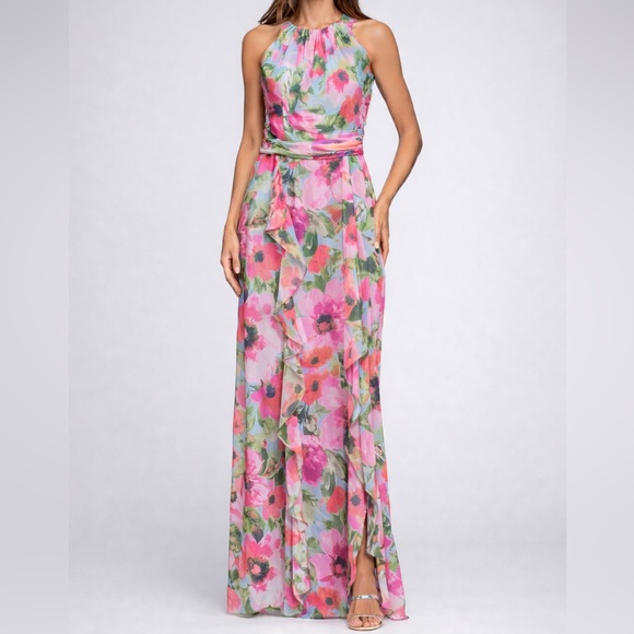 Xscape Dresses & Skirts - 🆕 Xscape Floral Chiffon Halter Maxi Dress Size 12 Pink Blue Ruffle Formal Gown